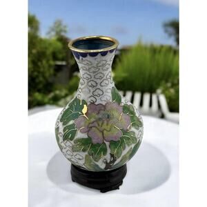 Vintage Mini Chinese Enameled Cloisonne Vase w/ Stand 3 inch White Floral